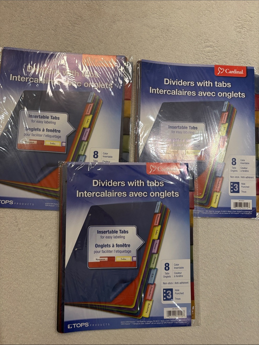 NWT THREE SETS Cardinal Blue 8-Tab Insertable Dividers - 3 sets of 8/24 tabs